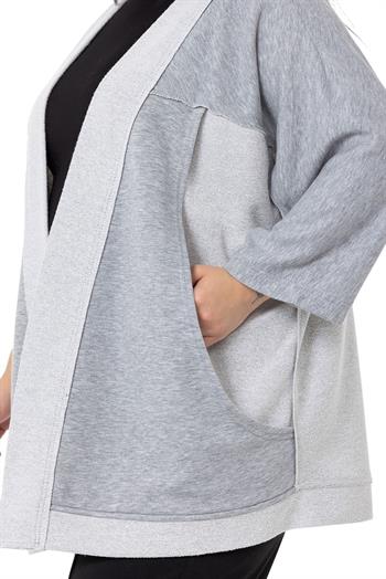 Büyük Beden Truvakar Kollu Oversize Cepli Üç İplik Gri Melanj Hırka