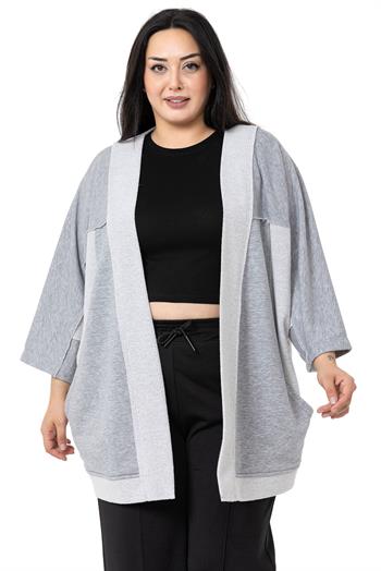 Büyük Beden Truvakar Kollu Oversize Cepli Üç İplik Gri Melanj Hırka