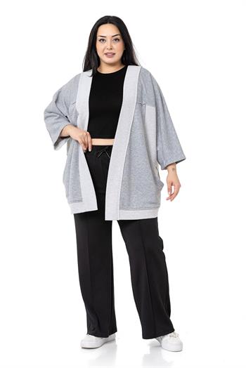 Büyük Beden Truvakar Kollu Oversize Cepli Üç İplik Gri Melanj Hırka