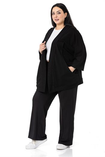 Büyük Beden Truvakar Kollu Oversize Cepli Üç İplik Siyah Hırka