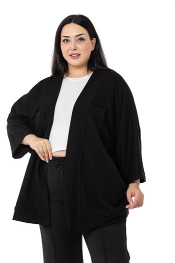 Büyük Beden Truvakar Kollu Oversize Cepli Üç İplik Siyah Hırka