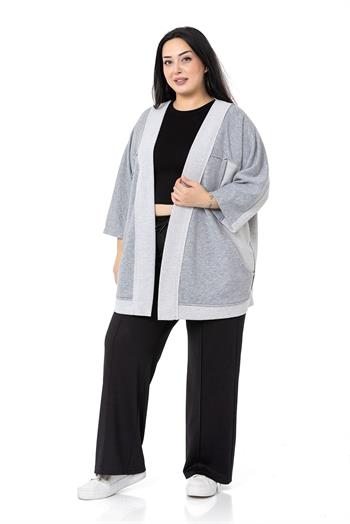 Büyük Beden Truvakar Kollu Oversize Cepli Üç İplik Gri Melanj Hırka