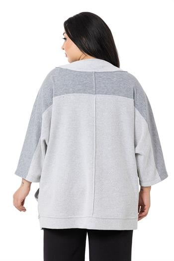 Büyük Beden Truvakar Kollu Oversize Cepli Üç İplik Gri Melanj Hırka