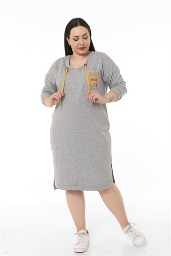 Plus Size V-Neck Printed Pocket Elastic Gray Melange Tunic Dress