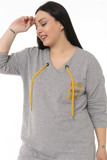 Plus Size V-Neck Printed Pocket Elastic Gray Melange Tunic Dress