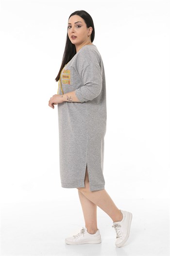 Plus Size V-Neck Printed Pocket Elastic Gray Melange Tunic Dress