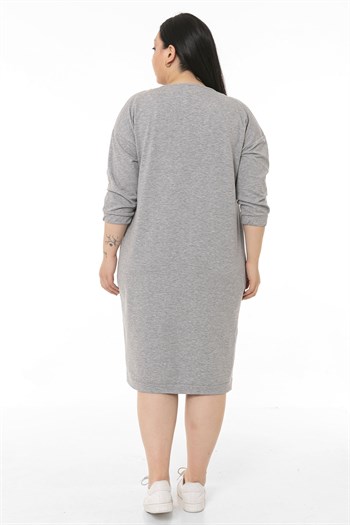 Plus Size V-Neck Printed Pocket Elastic Gray Melange Tunic Dress