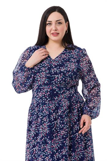 Büyük Beden V Yaka Beli ve Kol Ağzı Lastikli Şifon Uzun Astarlı Lacivert Elbise