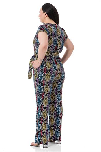 Büyük Beden V Yaka Önü Düğmeli Düşük Kollu Beli Lastikli Kuşaklı Cepli Siyah Kadın Tulum