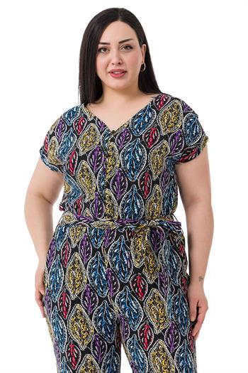 Büyük Beden V Yaka Önü Düğmeli Düşük Kollu Beli Lastikli Kuşaklı Cepli Siyah Kadın Tulum