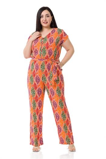 Büyük Beden V Yaka Önü Düğmeli Düşük Kollu Beli Lastikli Kuşaklı Cepli Turuncu Kadın Tulum