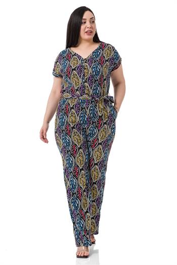 Büyük Beden V Yaka Önü Düğmeli Düşük Kollu Beli Lastikli Kuşaklı Cepli Siyah Kadın Tulum