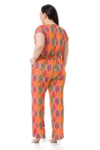 Büyük Beden V Yaka Önü Düğmeli Düşük Kollu Beli Lastikli Kuşaklı Cepli Turuncu Kadın Tulum