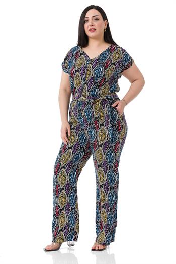 Büyük Beden V Yaka Önü Düğmeli Düşük Kollu Beli Lastikli Kuşaklı Cepli Siyah Kadın Tulum