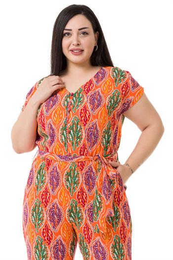 Büyük Beden V Yaka Önü Düğmeli Düşük Kollu Beli Lastikli Kuşaklı Cepli Turuncu Kadın Tulum