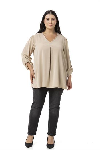 Plus Size V Neck Front Pleated Folded Sleeve Beige Blouse