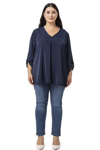 Plus Size V Neck Front Pleated Folded Sleeve Navy Blue Blouse