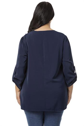 Plus Size V Neck Front Pleated Folded Sleeve Navy Blue Blouse