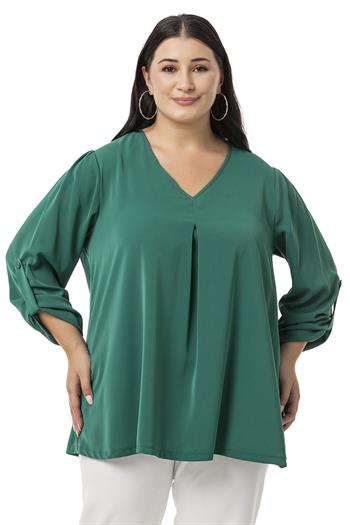 Plus Size V Neck Front Pleated Folded Sleeve Emerald Blouse