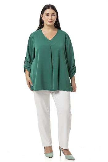 Plus Size V Neck Front Pleated Folded Sleeve Emerald Blouse