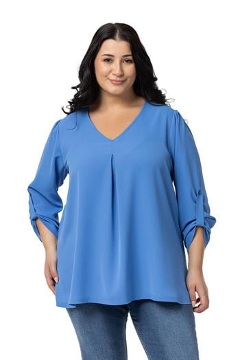 Plus Size V Neck Front Pleated Folded Sleeve İndigo Blouse