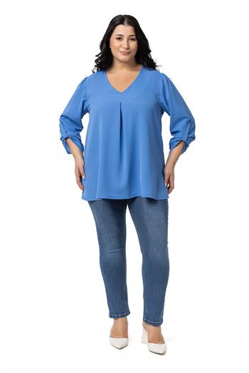 Plus Size V Neck Front Pleated Folded Sleeve İndigo Blouse