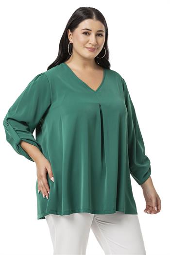 Plus Size V Neck Front Pleated Folded Sleeve Emerald Blouse