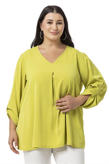 Plus Size V Neck Front Pleated Folded Sleeve Pistachio Blouse