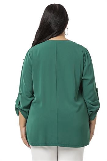 Plus Size V Neck Front Pleated Folded Sleeve Emerald Blouse