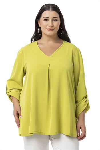 Plus Size V Neck Front Pleated Folded Sleeve Pistachio Blouse
