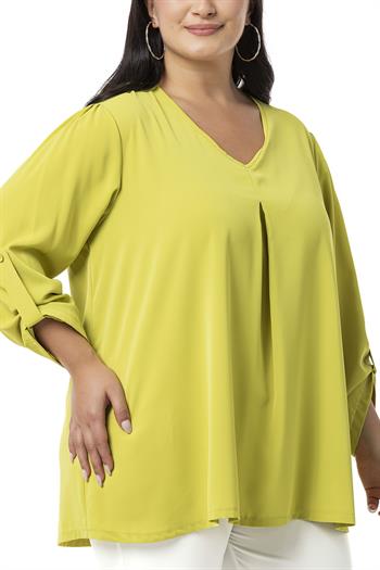 Plus Size V Neck Front Pleated Folded Sleeve Pistachio Blouse
