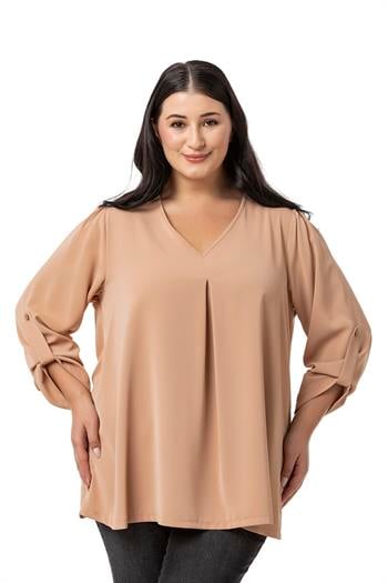 Plus Size V Neck Front Pleated Folded Sleeve Camel Blouse