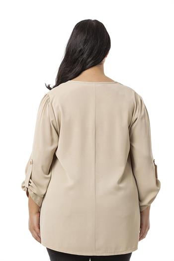 Plus Size V Neck Front Pleated Folded Sleeve Beige Blouse