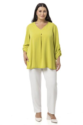 Plus Size V Neck Front Pleated Folded Sleeve Pistachio Blouse