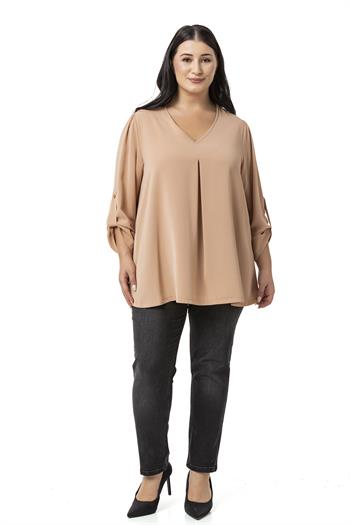 Plus Size V Neck Front Pleated Folded Sleeve Camel Blouse
