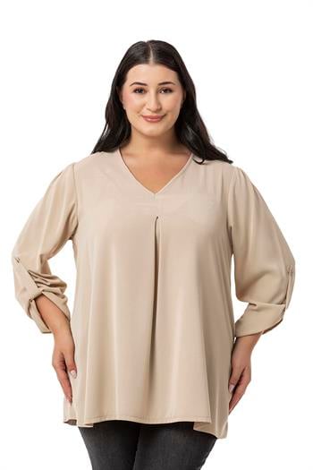 Plus Size V Neck Front Pleated Folded Sleeve Beige Blouse