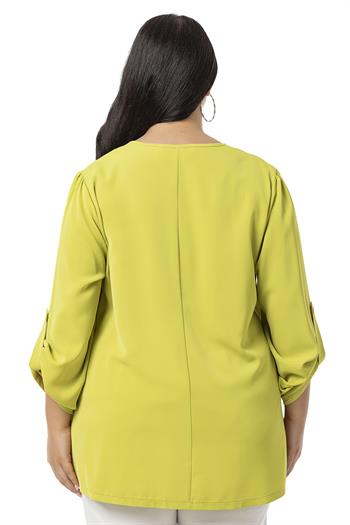 Plus Size V Neck Front Pleated Folded Sleeve Pistachio Blouse
