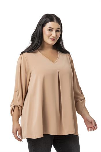Plus Size V Neck Front Pleated Folded Sleeve Camel Blouse