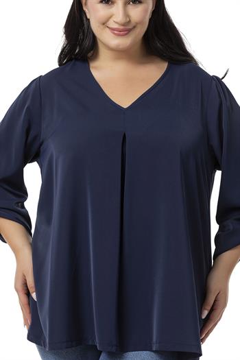 Plus Size V Neck Front Pleated Folded Sleeve Navy Blue Blouse