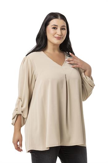 Plus Size V Neck Front Pleated Folded Sleeve Beige Blouse