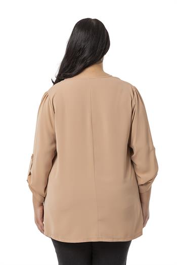 Plus Size V Neck Front Pleated Folded Sleeve Camel Blouse