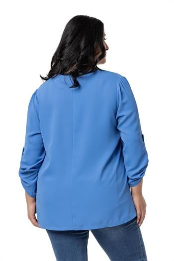 Plus Size V Neck Front Pleated Folded Sleeve İndigo Blouse