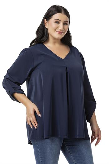 Plus Size V Neck Front Pleated Folded Sleeve Navy Blue Blouse