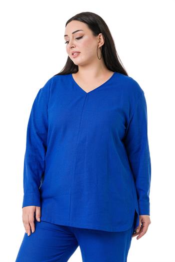 Büyük Beden V Yaka Uzun Kollu Bluz Pantolon Mavi İkili Takım