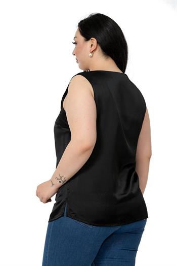 Plus Size V Neck Side Slit Sleeveless Satin Black Blouse