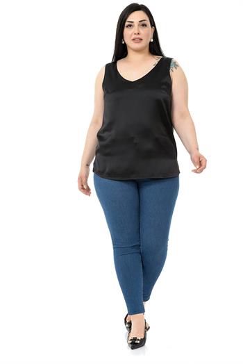 Plus Size V Neck Side Slit Sleeveless Satin Black Blouse