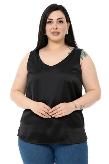 Plus Size V Neck Side Slit Sleeveless Satin Black Blouse