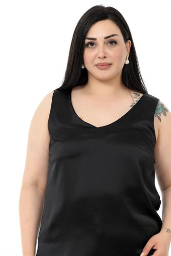 Plus Size V Neck Side Slit Sleeveless Satin Black Blouse