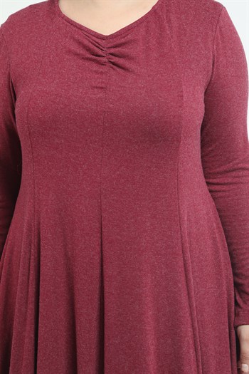 Büyük Beden V Yaka Yün Viskon Midi Bordo Kloş Elbise