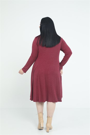 Büyük Beden V Yaka Yün Viskon Midi Bordo Kloş Elbise